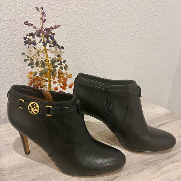 Coach Shoes - Elegant Coach Black Leather Ankle Booties Heels Gold Logo Harness